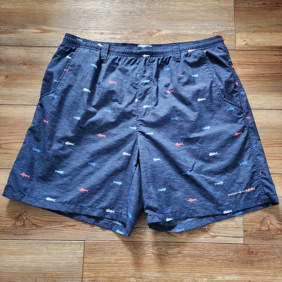Columbia PFG Swim Shorts Mens L Red White Blue Shark Print - Picture 1 of 12